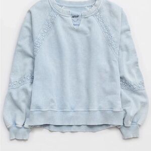 Aerie Light Blue Lace-Trim crewneck Sweatshirt